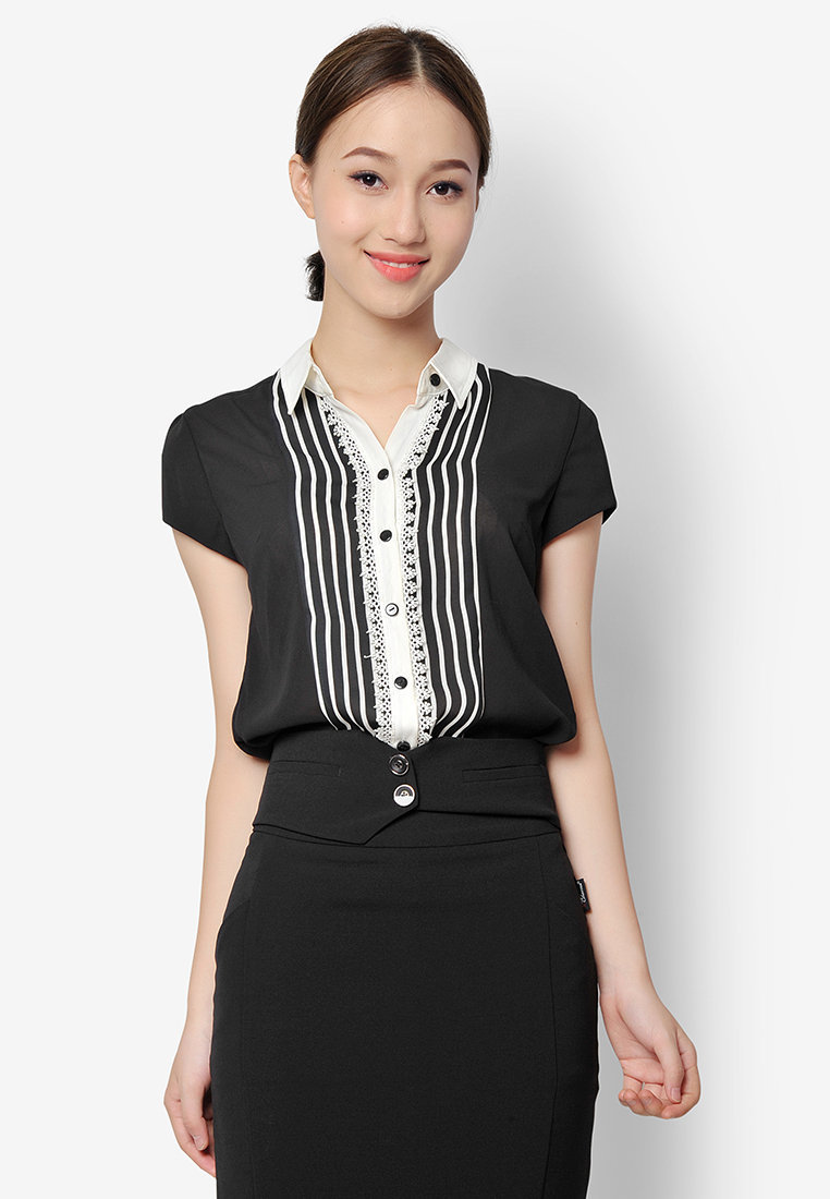 Sơ mi phối kẻ giữa thân - Đen - L