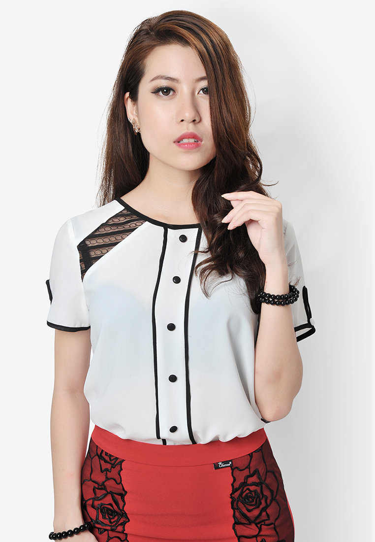 Sơ mi phối ren lé đen - Trắng - S
