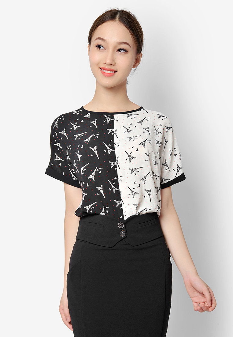 Sơ mi họa tiết can phối tương phản - Trắng - L