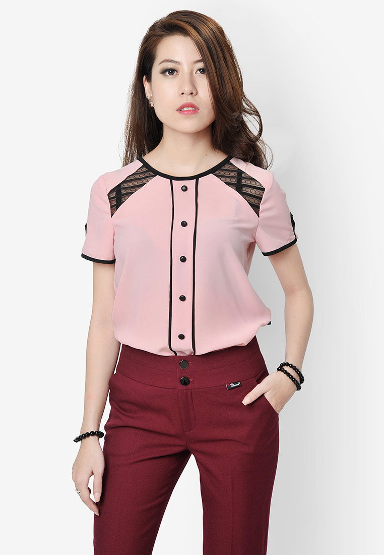Sơ mi phối ren lé đen - Hồng - S