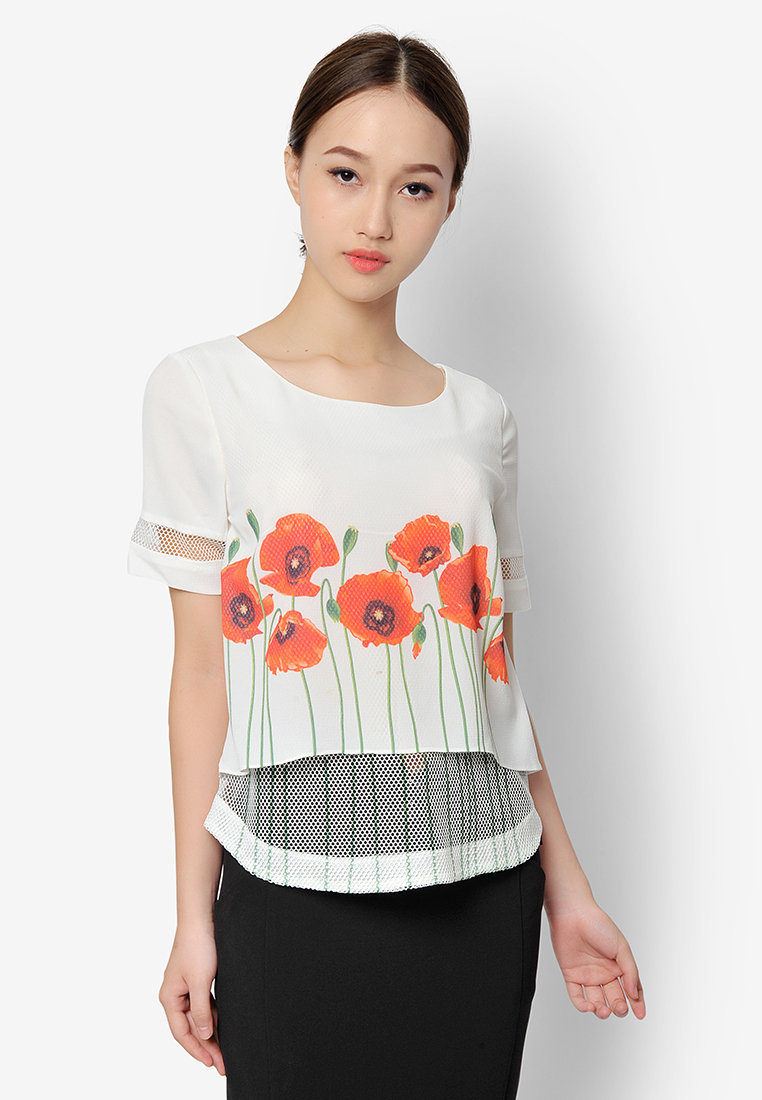 Sơ mi phối lưới in hoa - Trắng - S