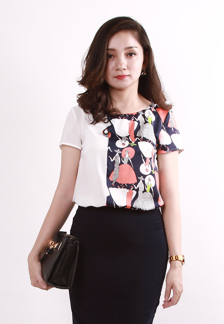 Sơ mi phối thân trước 2 cúc trang trí - Trắng - L