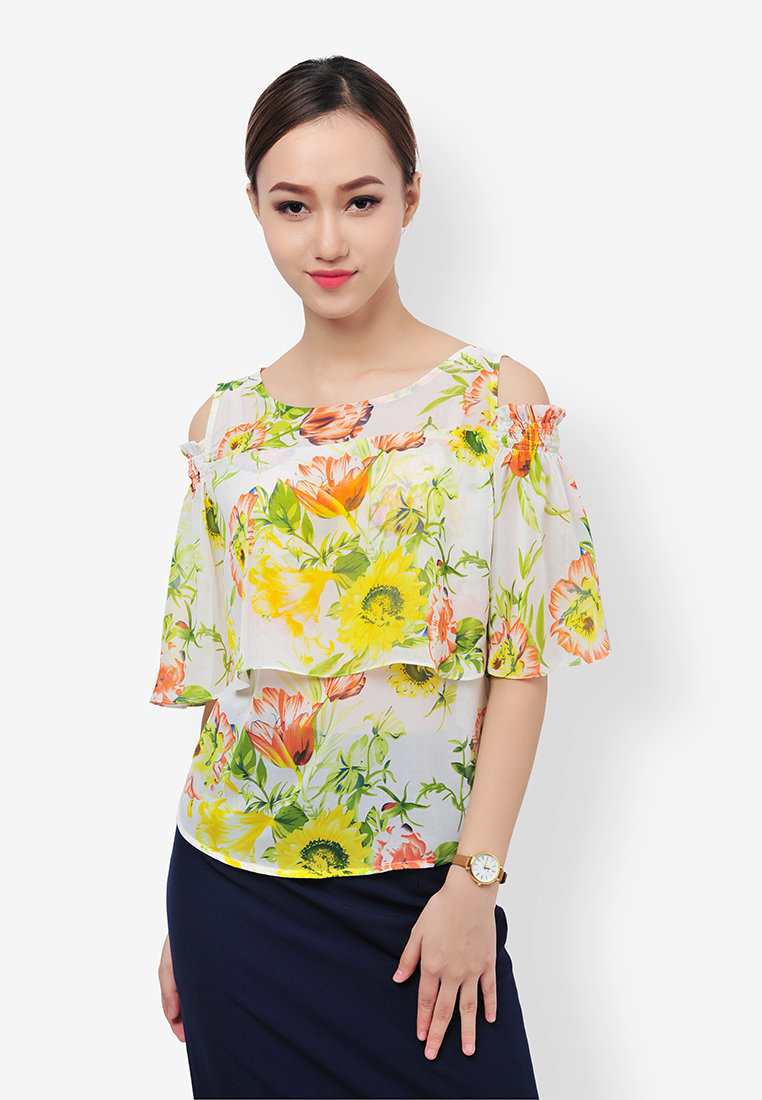 Sơ mi hoa hở vai hai lớp - Trắng - M