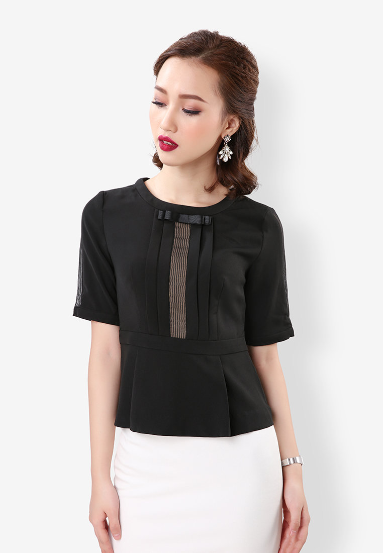 Sơ mi peplum phối ren kẻ - Đen - L