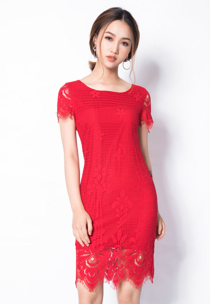 Đầm xuông ren hoa chân - Đỏ - S