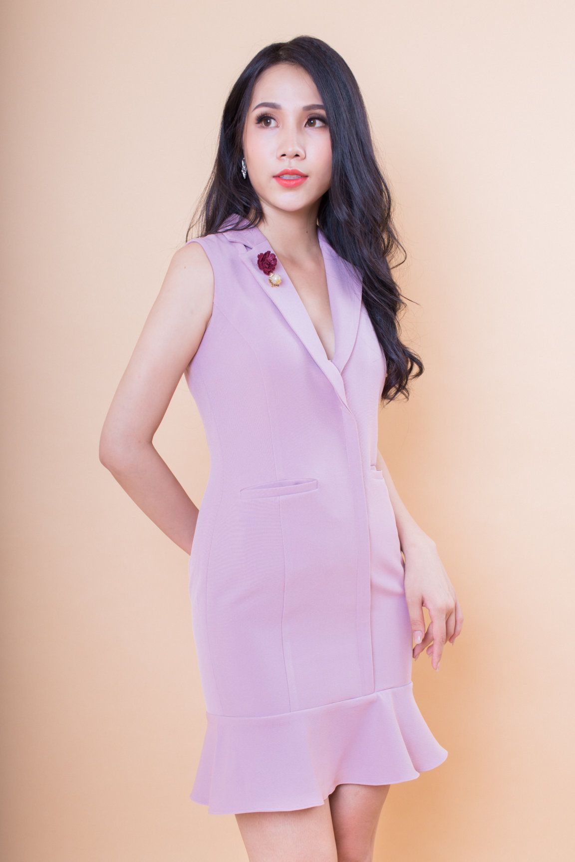 Đầm cổ 2 ve gấu bèo - Hồng - L