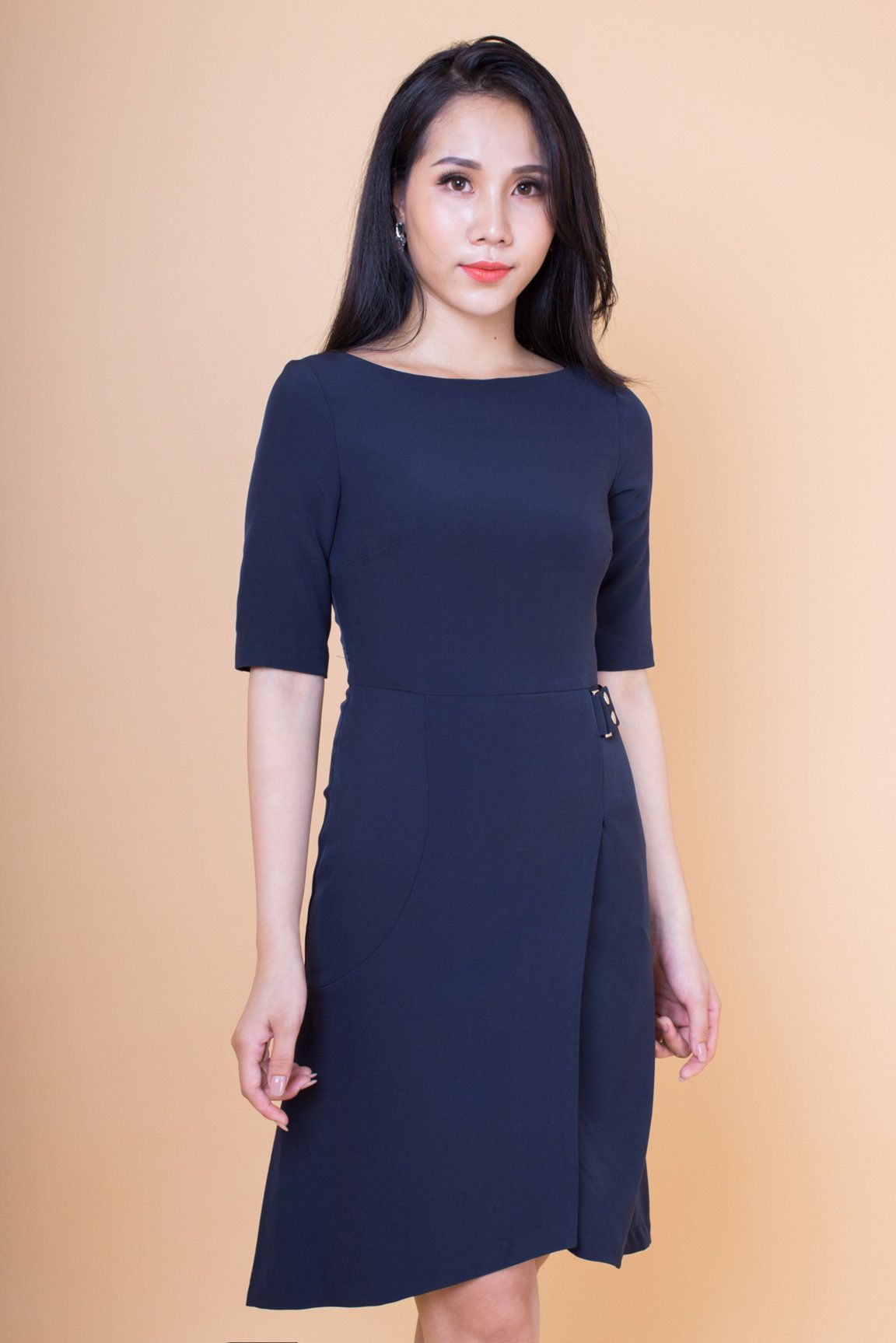 Đầm tay lỡ đai eo lệch bên - Xanh navy - S
