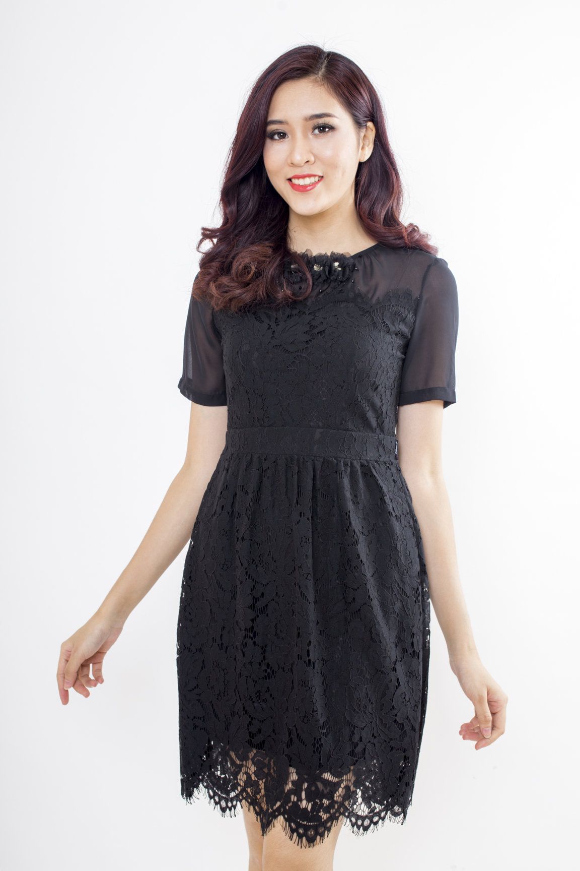 Đầm ren phối voan kính cổ rúm - Đen - S