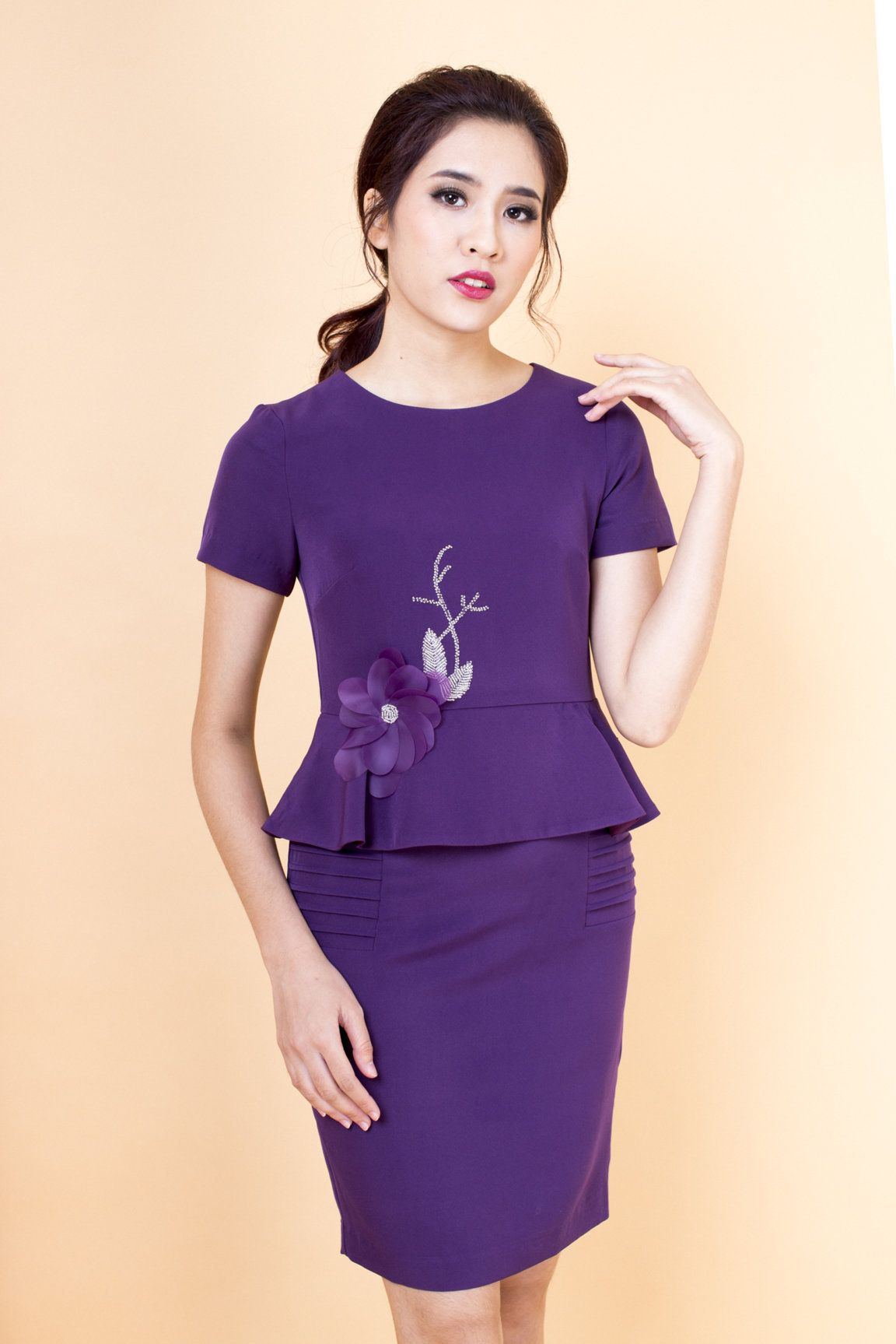 Đầm peplum hoa eo - Tím - M