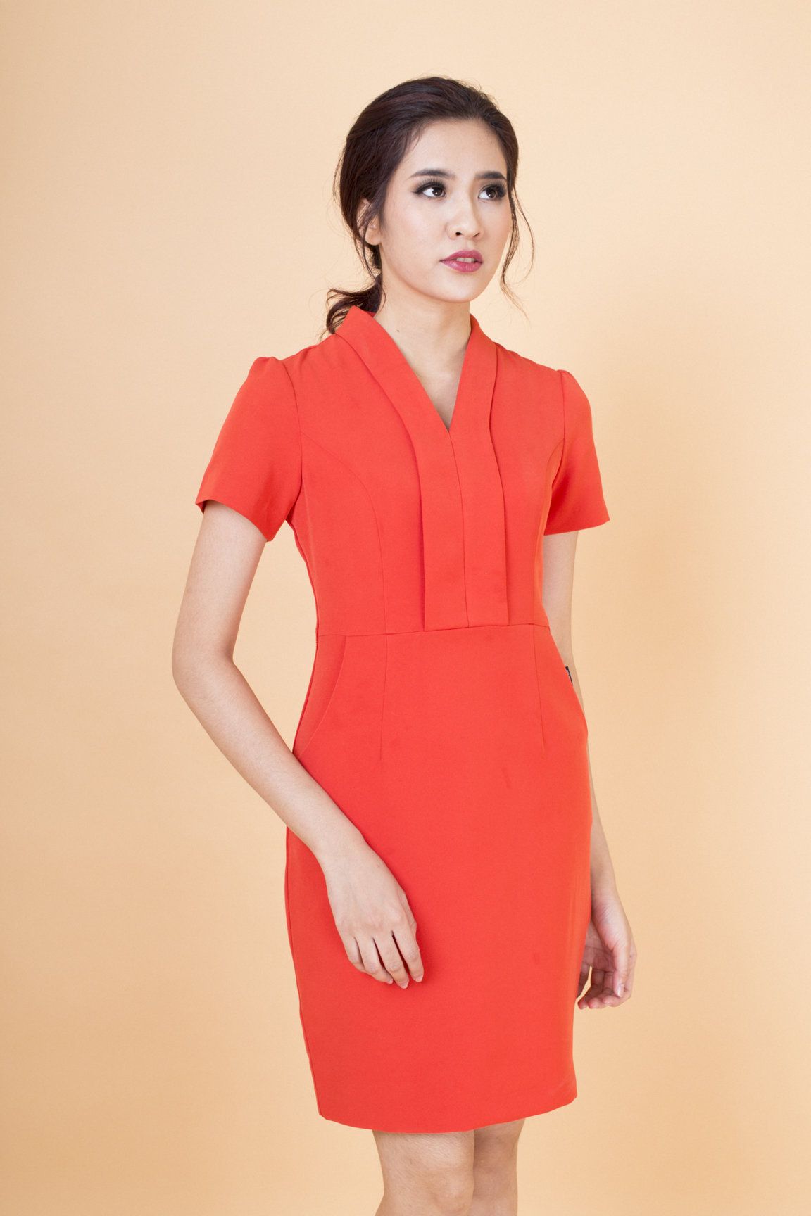 Đầm xếp ly có túi trang trí - Cam - L