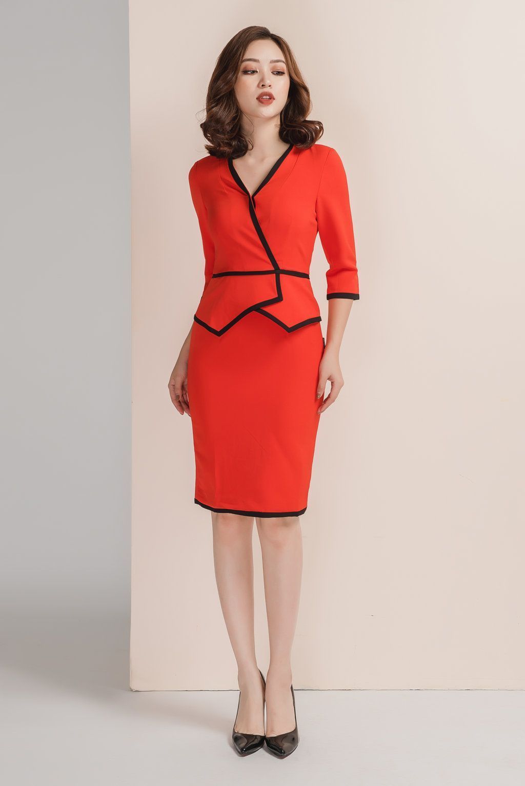 Đầm peplum viền đen - Cam - M