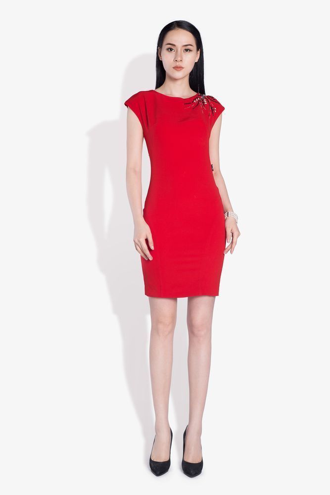 Đầm tay chờm đính đá bên vai - Đỏ - L