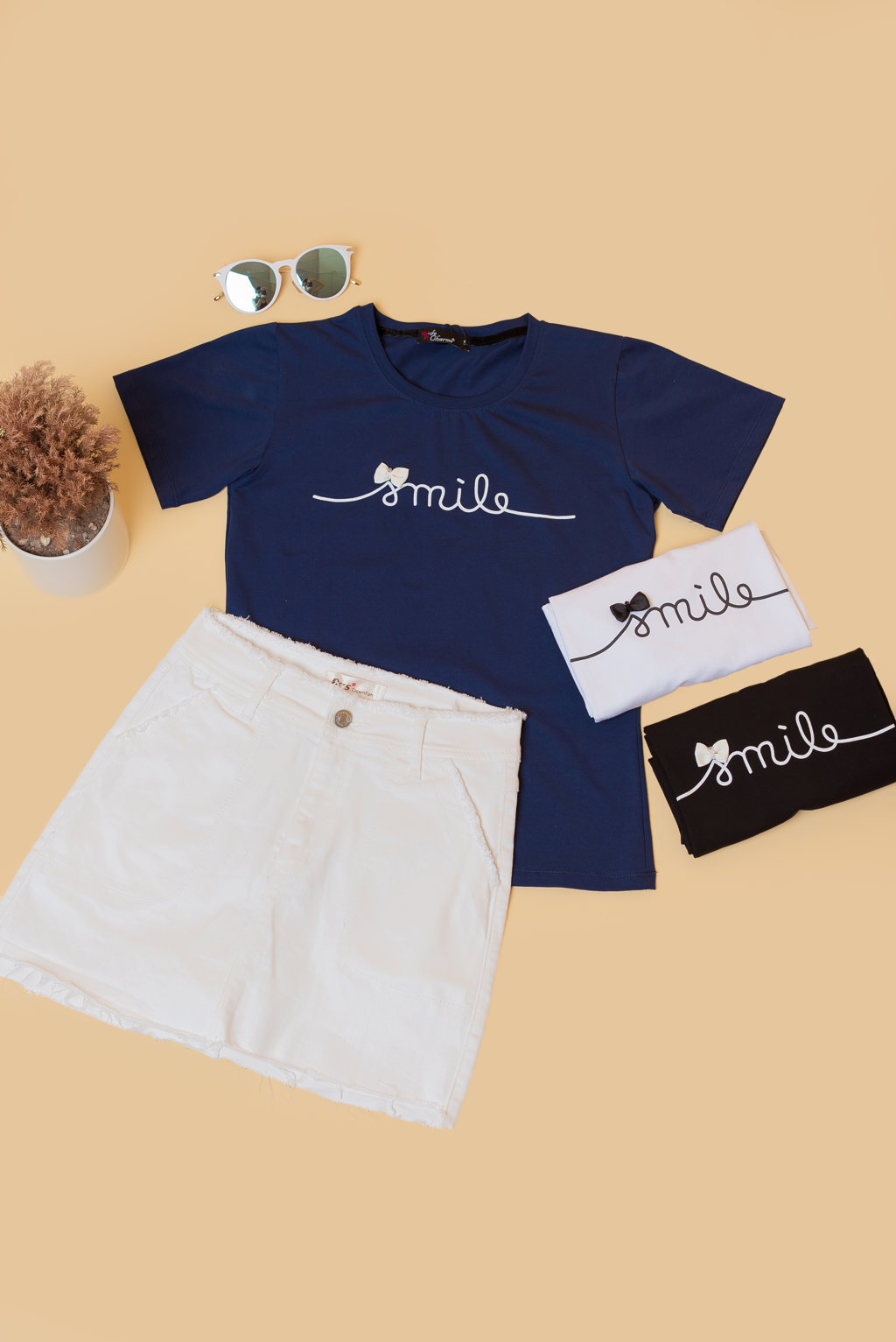 Áo thun Smile đính nơ - Xanh navy - L
