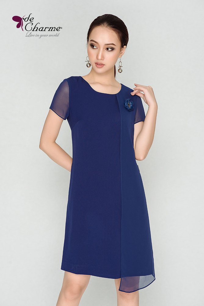Đầm suông tà bung lệch - Xanh navy - XL