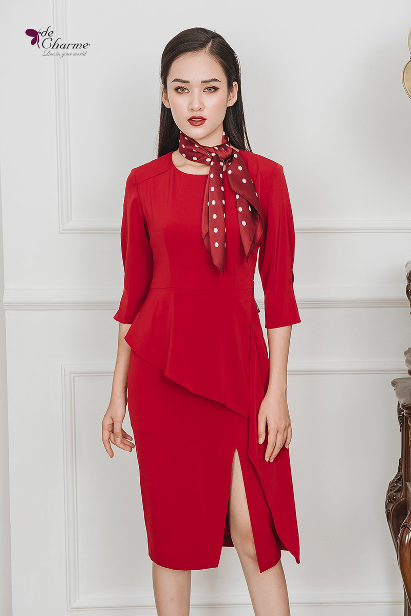 Đầm ôm mở xẻ can bèo - Đỏ - S