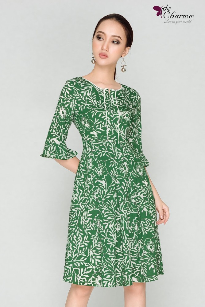 Đầm hoa phối lé dây - Xanh lá cây - M