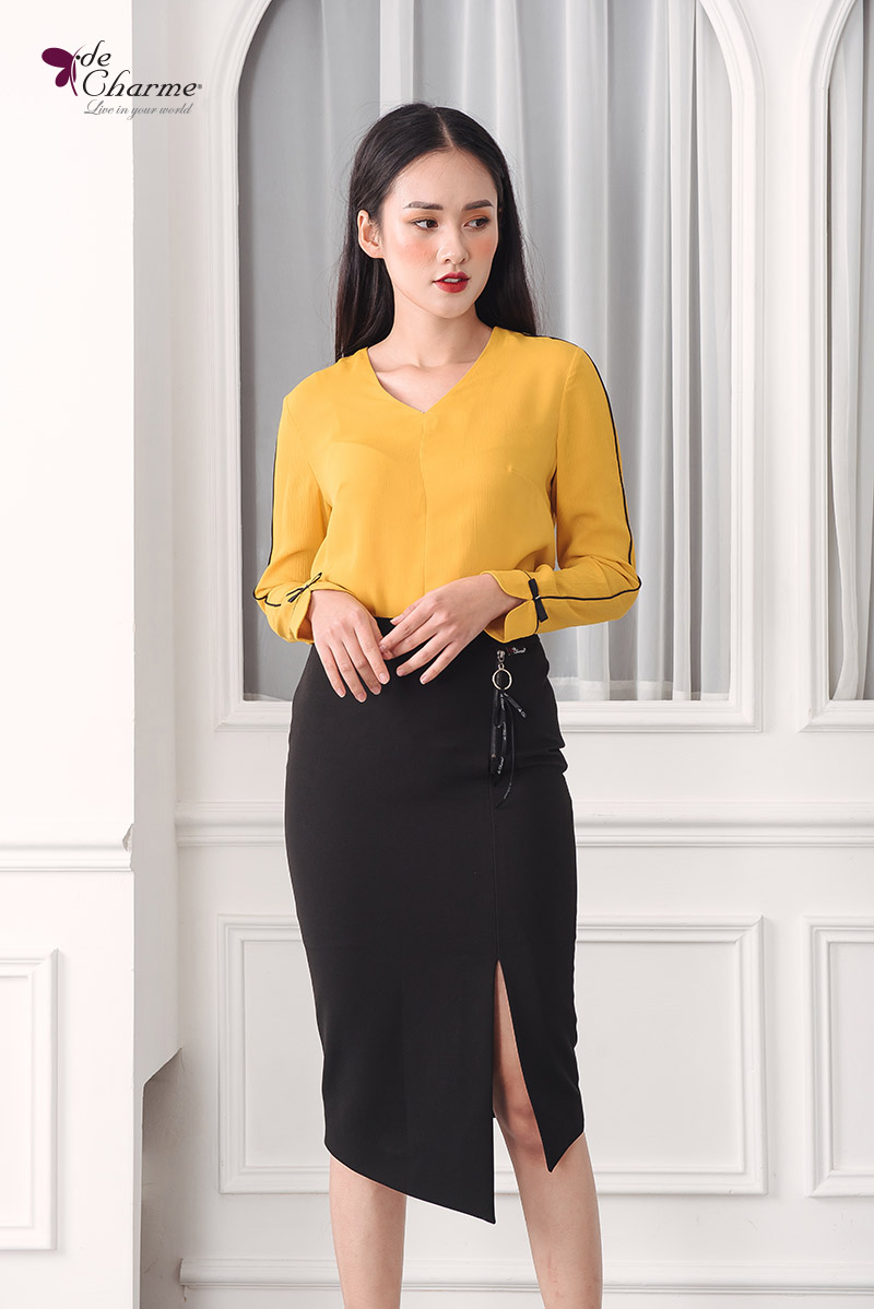 Sơ mi phối lé sống tay + nơ - Vàng - S