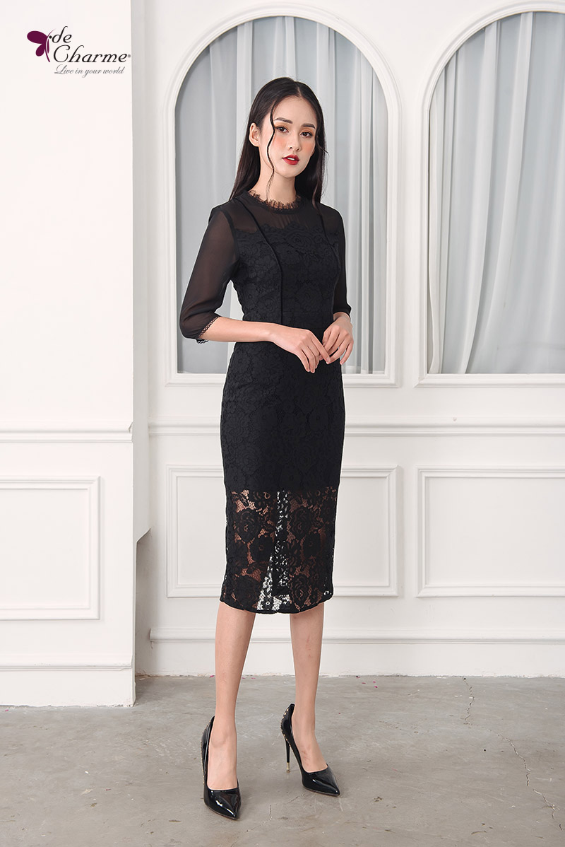 Đầm ôm phủ ren can cúp - Đen - M