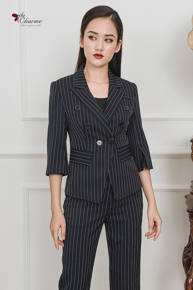 Vest kẻ tay mở xẻ - Xanh navy - S