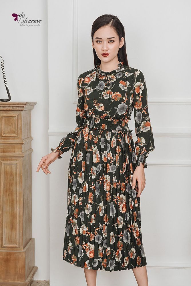 Đầm hoa bèo xếp ly chun eo