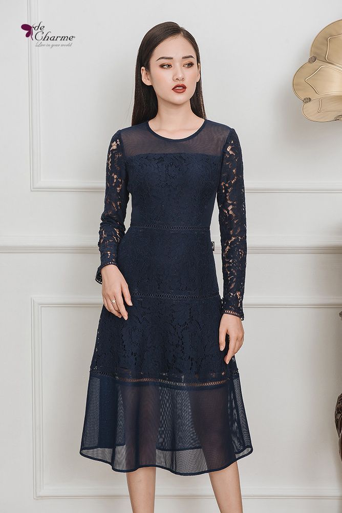 Đầm xòe ren can phối lưới - Xanh navy - M