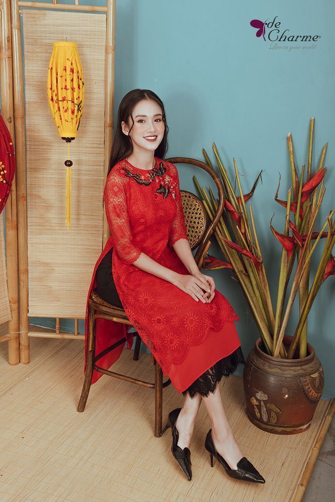 Áo dài ren 2 tầng - Đỏ - L