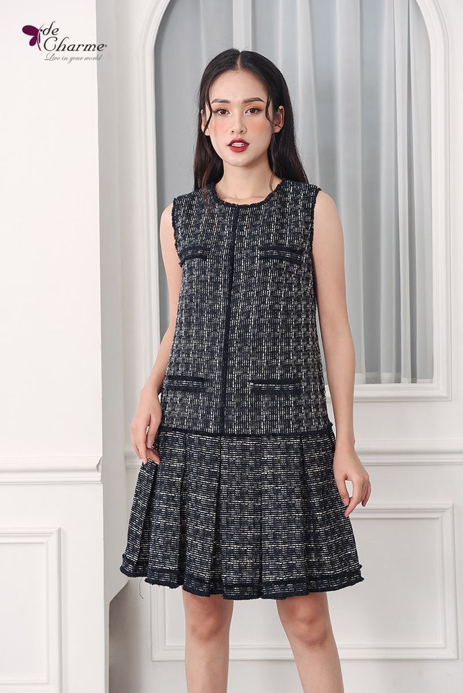 Đầm suông sát nách xếp ly - Xanh navy - L