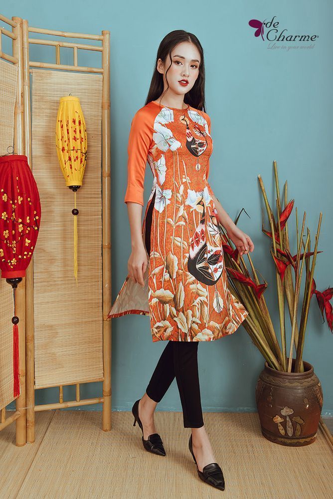 Áo dài hoa phối tay - Cam - S
