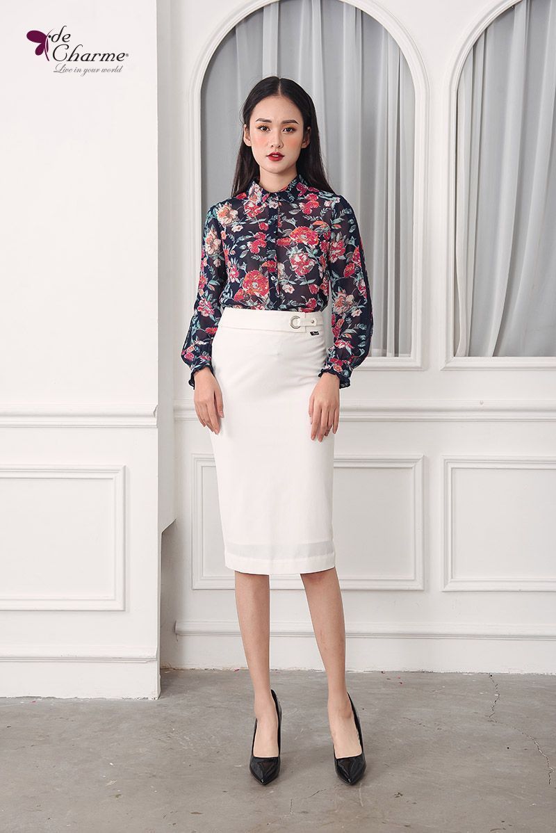 Sơ mi hoa phối bung sống tay - Floral - S