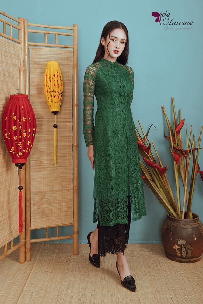 Áo dài ren khuy đính - Xanh lá cây - L