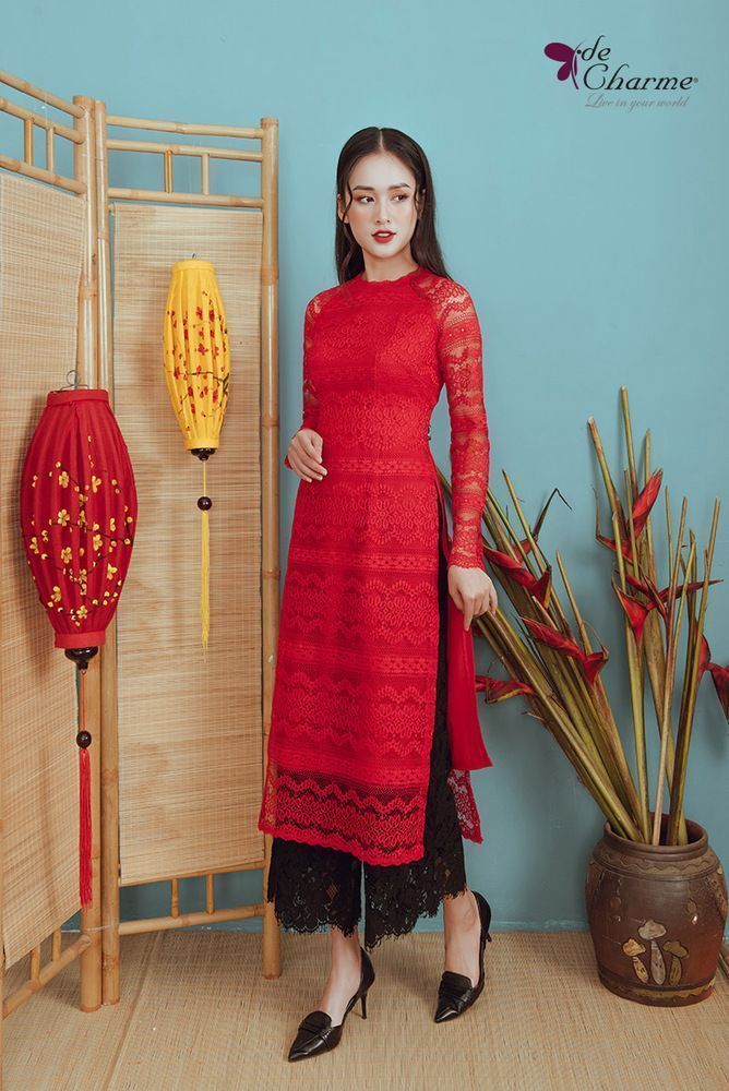 Áo dài cổ tròn kẹp ren - Đỏ - S