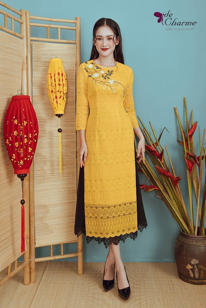 Áo dài ren chân gấu - Vàng - L
