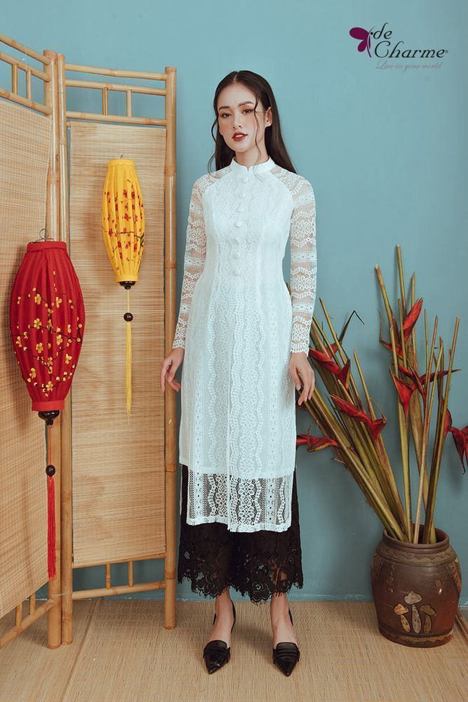 Áo dài ren khuy đính - Trắng - S