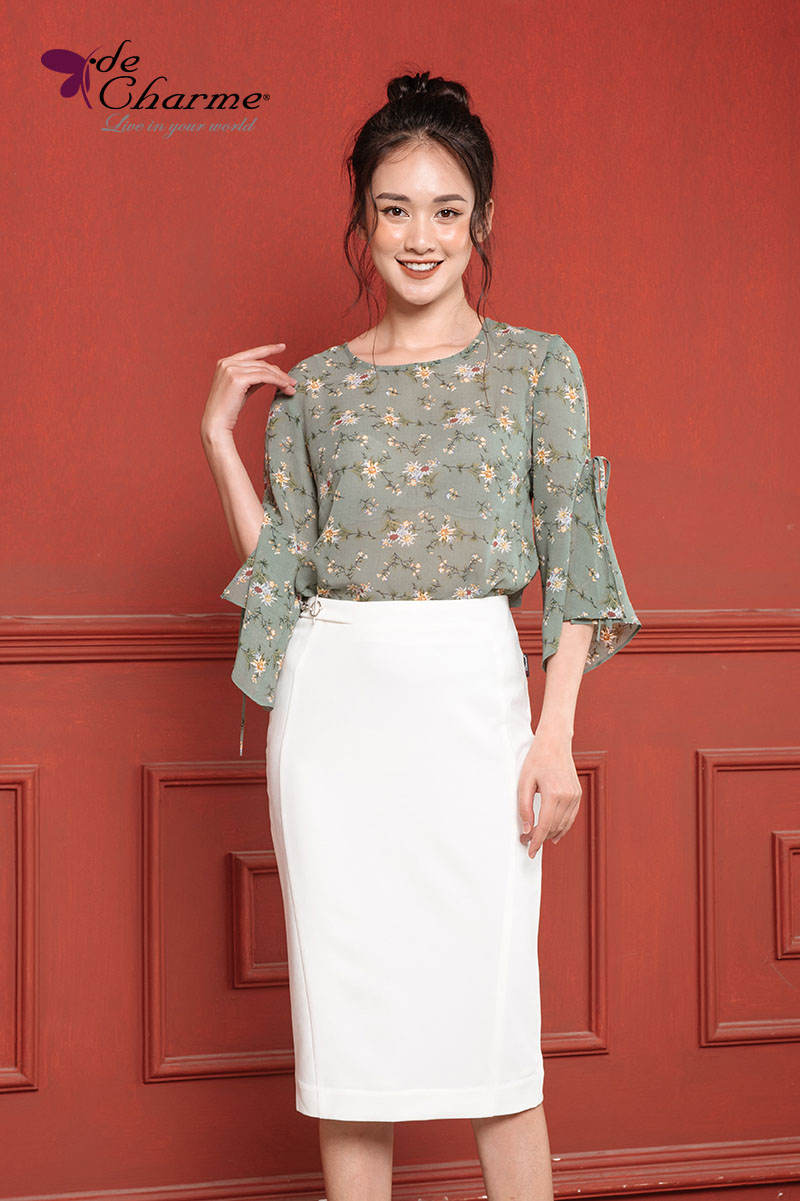 Sơ mi hoa phối ren cổ + vai