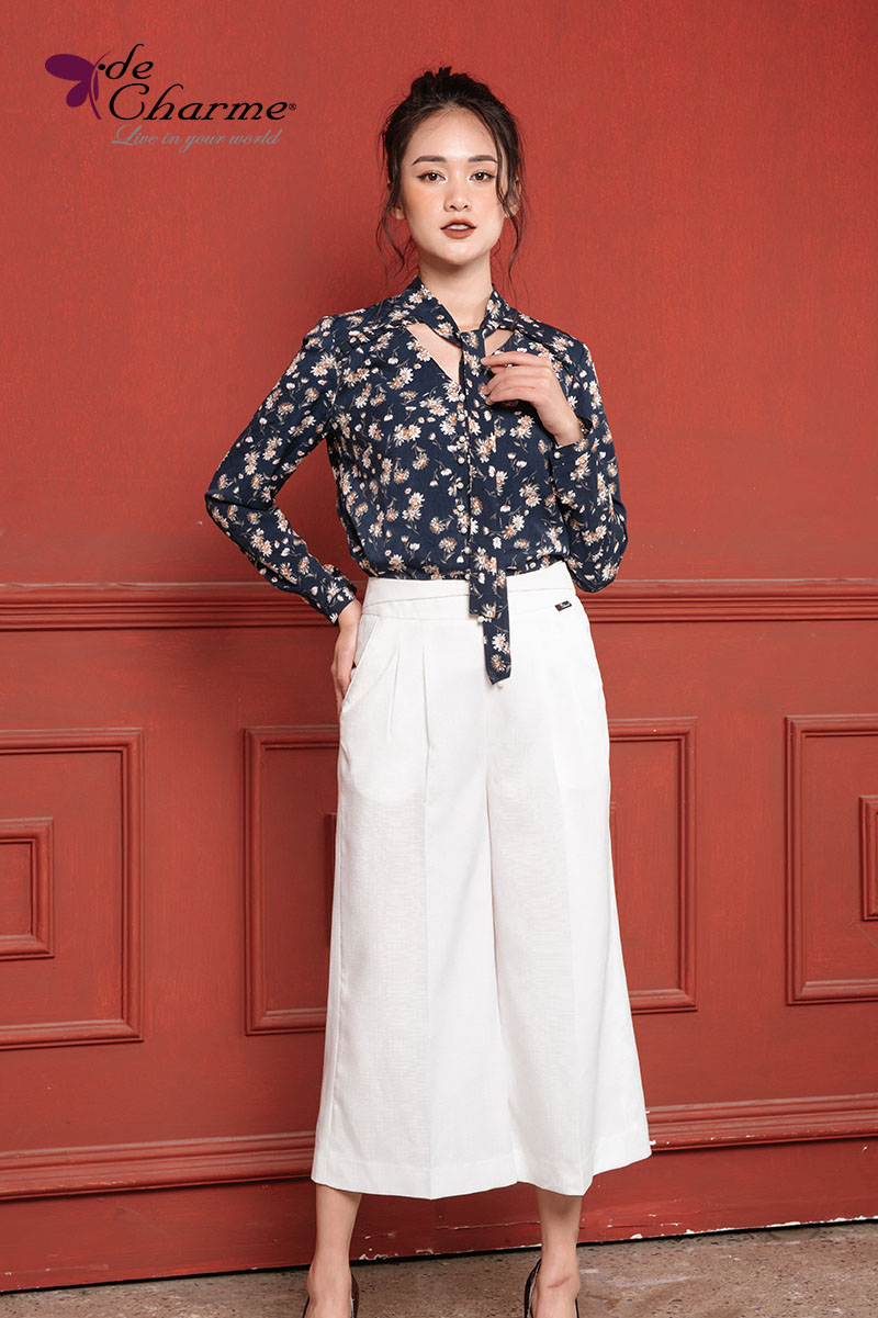 Sơ mi cổ buộc nơ xếp ly vai