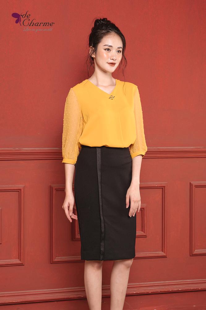 Sơ mi tay voan chấm bi - Vàng - S