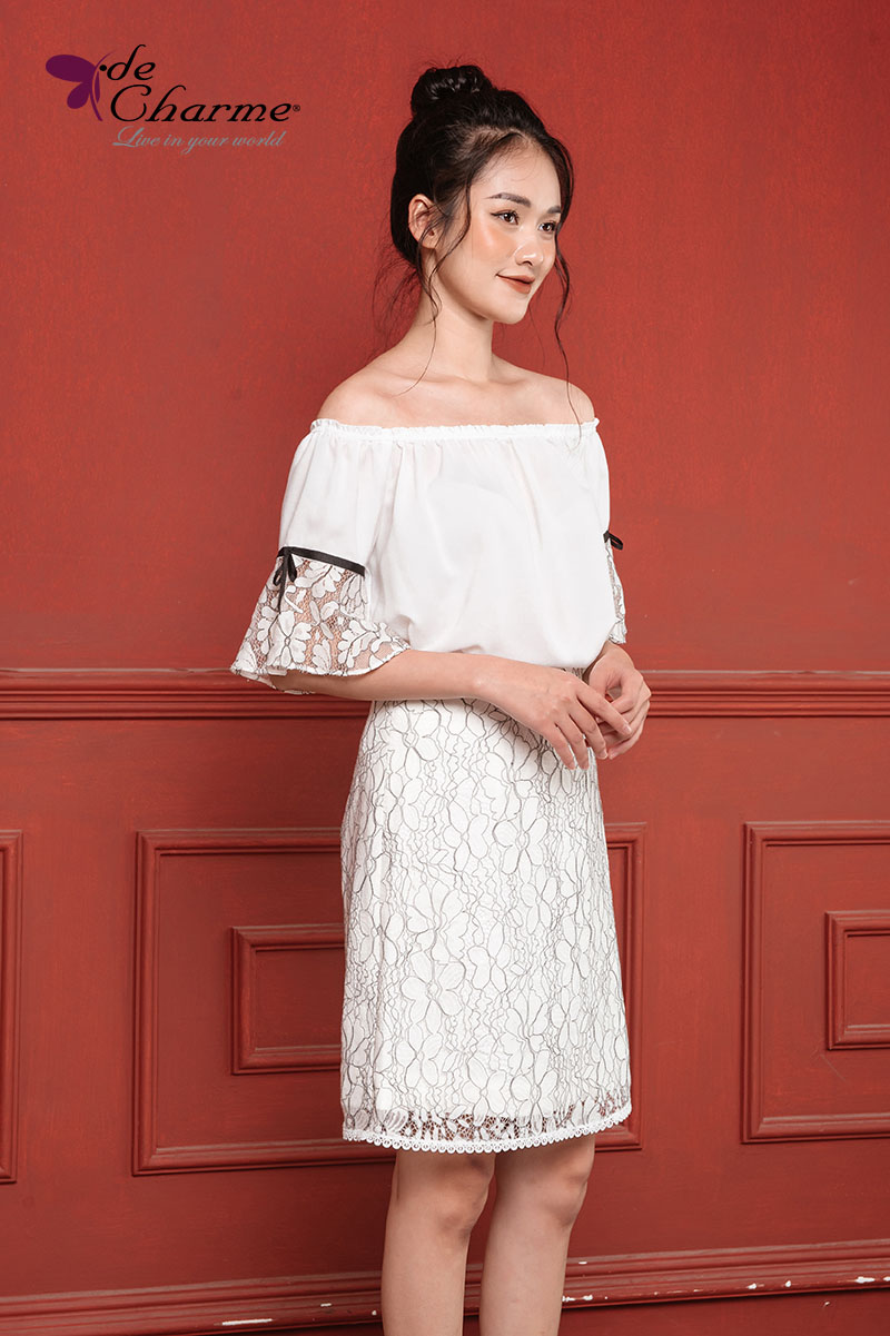 Sơ mi hở vai ren gấu tay - Trắng - M