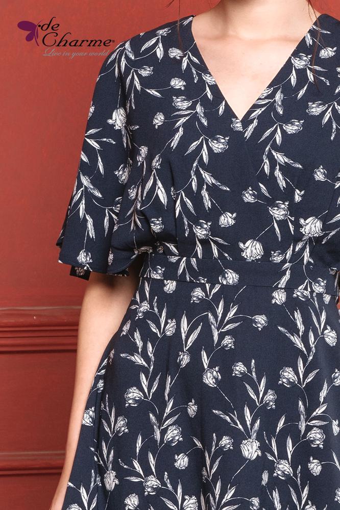 Đầm hoa xòe tay dơi (Next) - Xanh navy - XL
