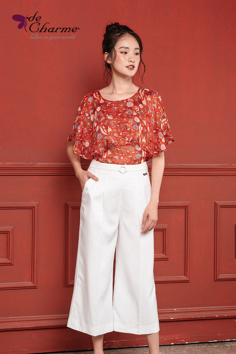 Sơ mi hoa tay dơi cổ tim sau (Next) - Đỏ - L