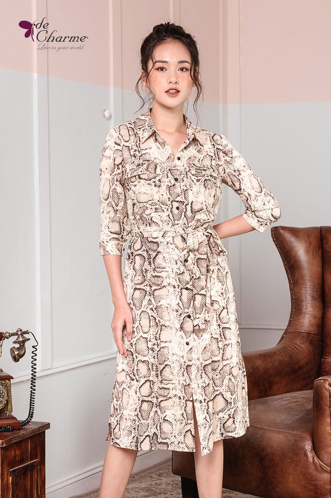 Đầm xẻ tà túi ốp đai chun (Next) - Camel - S