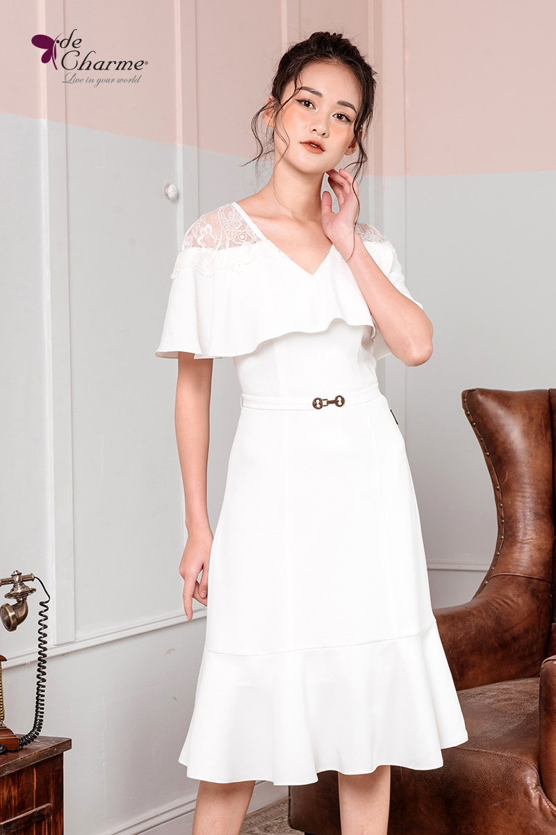 Đầm ôm đuôi cá ren vai - Trắng - L