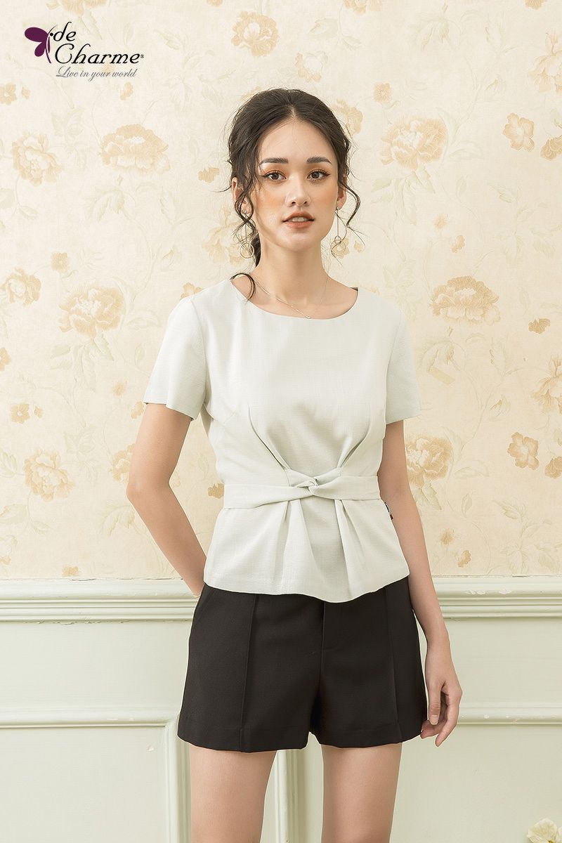 Sơ mi xếp ly thắt nơ tạo eo - Xanh da trời nhạt - XL