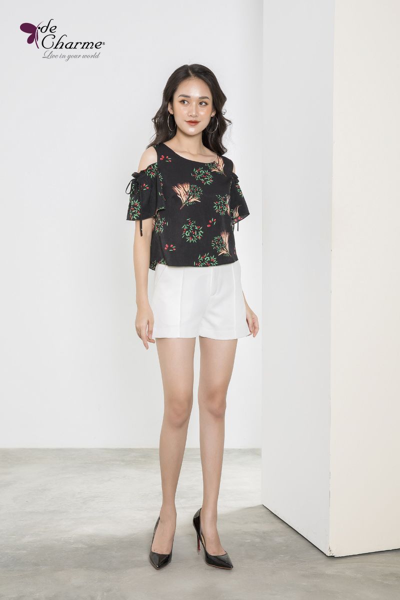 Sơ mi hoa croptop tay thắt nơ - Đen - S