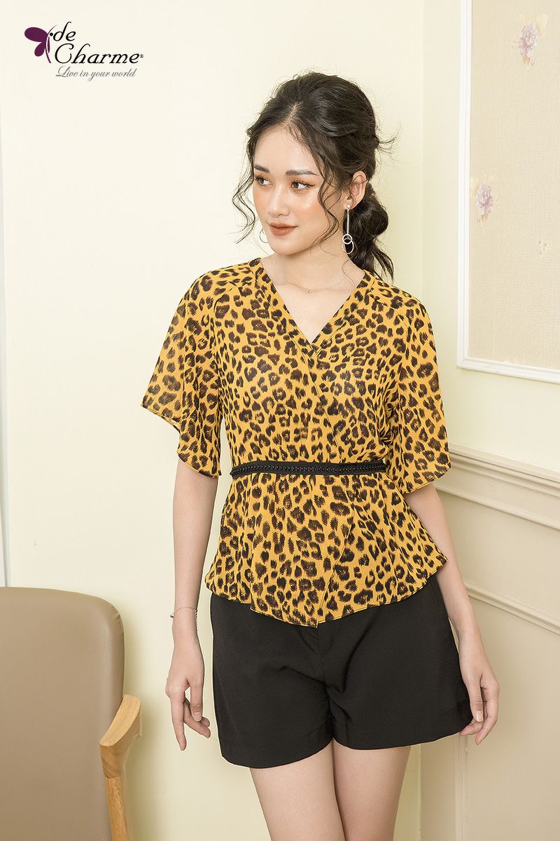 Sơ mi cổ tim phối đai eo - Vàng - XL