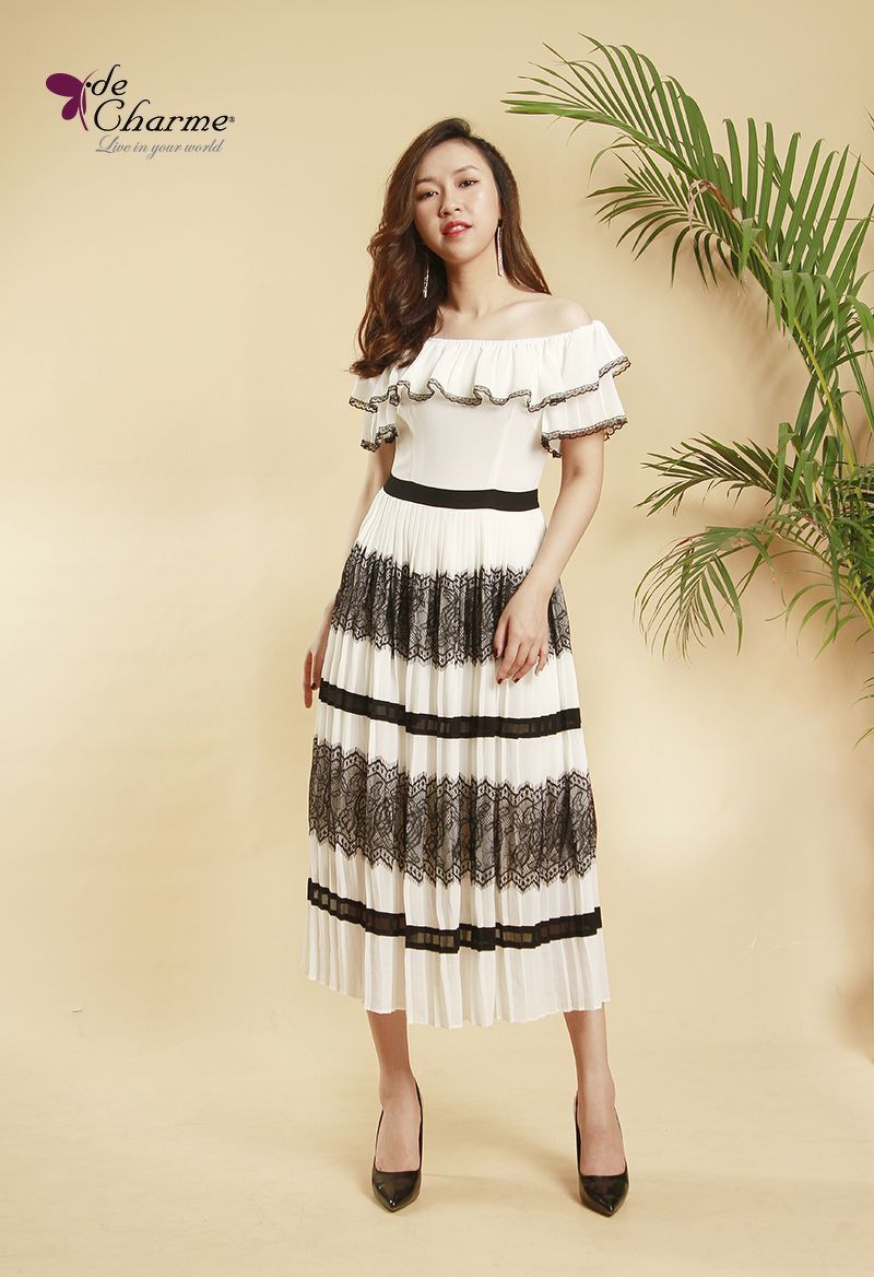 Đầm trễ vai dập ly can phối