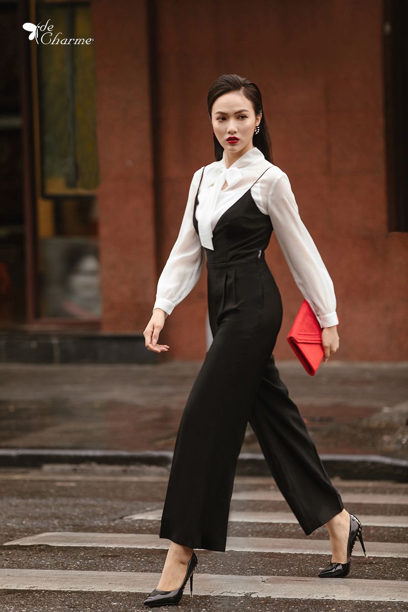 Jumsuit vạt chéo đai eo - Đen - S