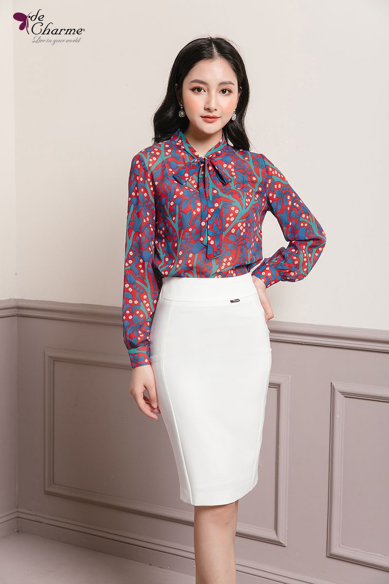 Sơ mi họa tiết cổ nơ (Next) - Họa tiết - M