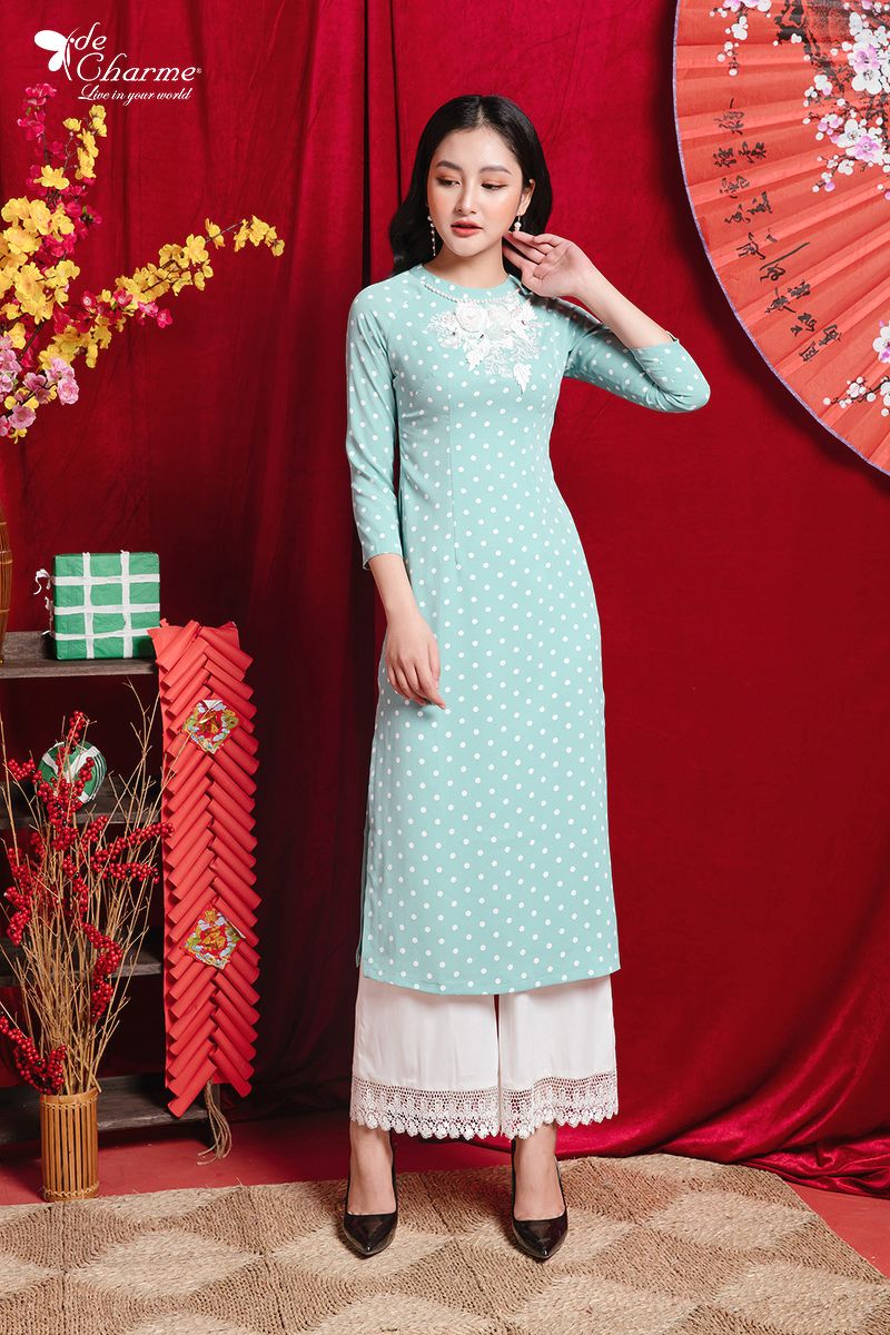 Áo dài chấm bi phối tay đính hoa - Xanh lá cây - S