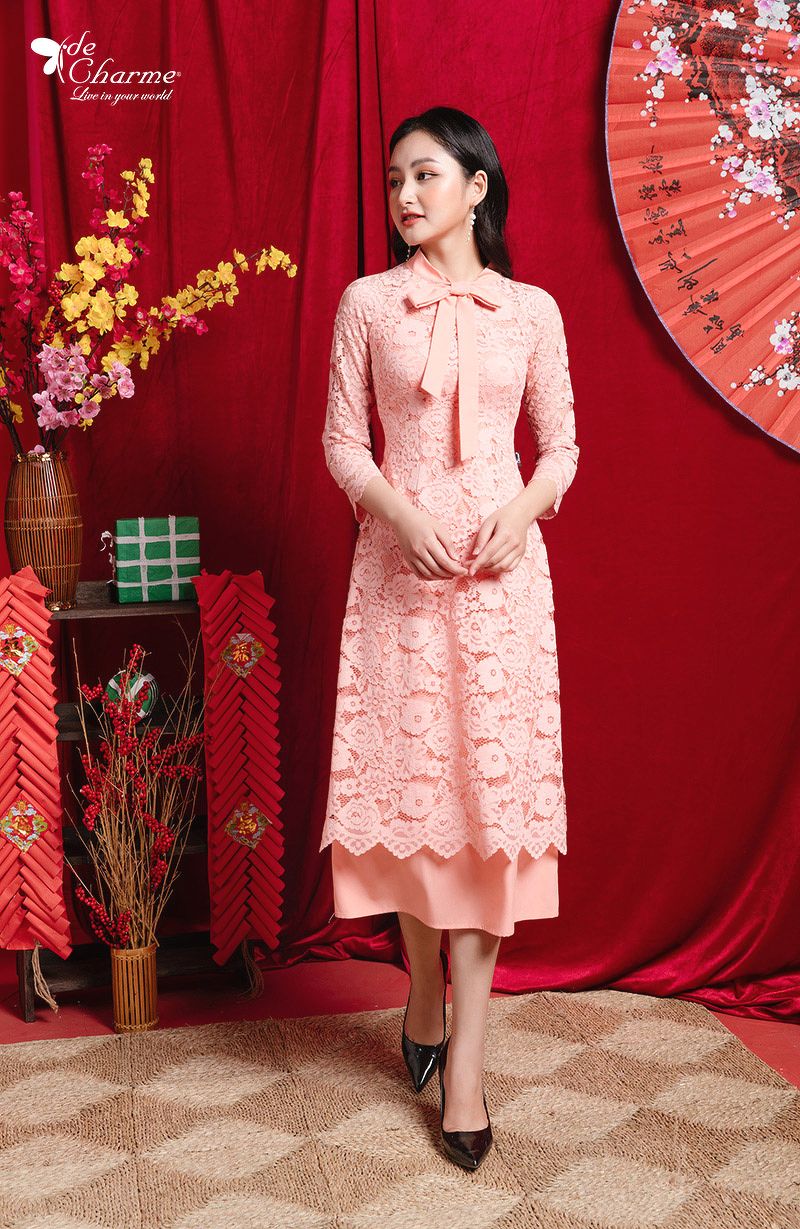 Áo dài liền váy cổ nơ - Hồng - L