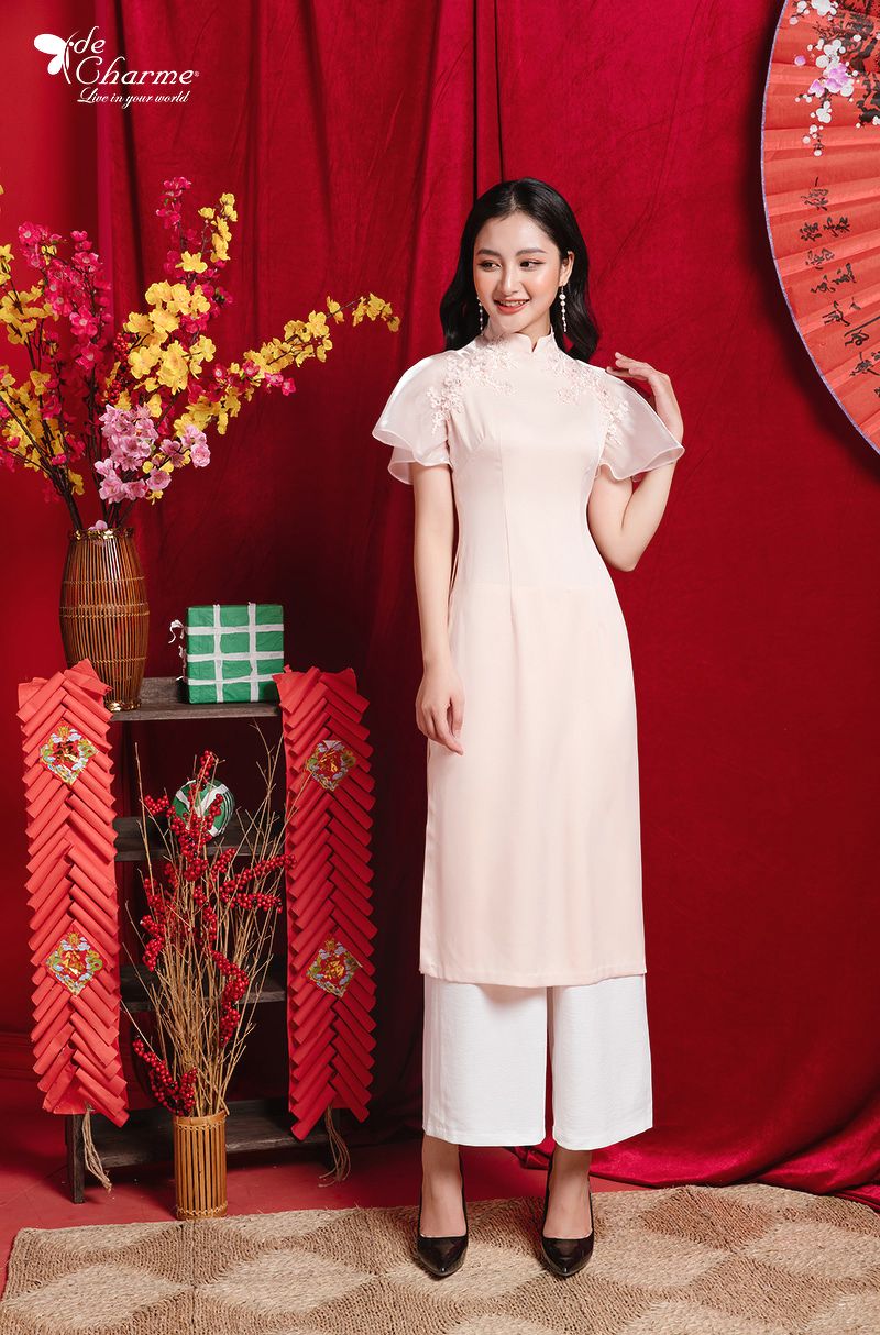 Áo dài cổ tàu thêu vai - Hồng - M